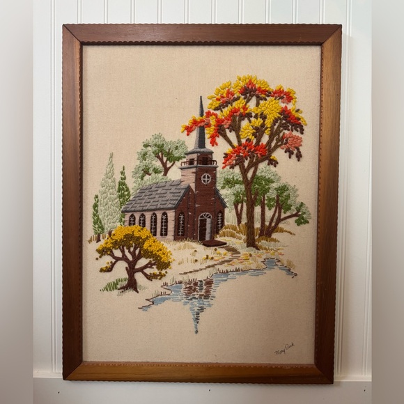 Handcrafted Church Scene Embroidery Art - Picture 1 of 4
